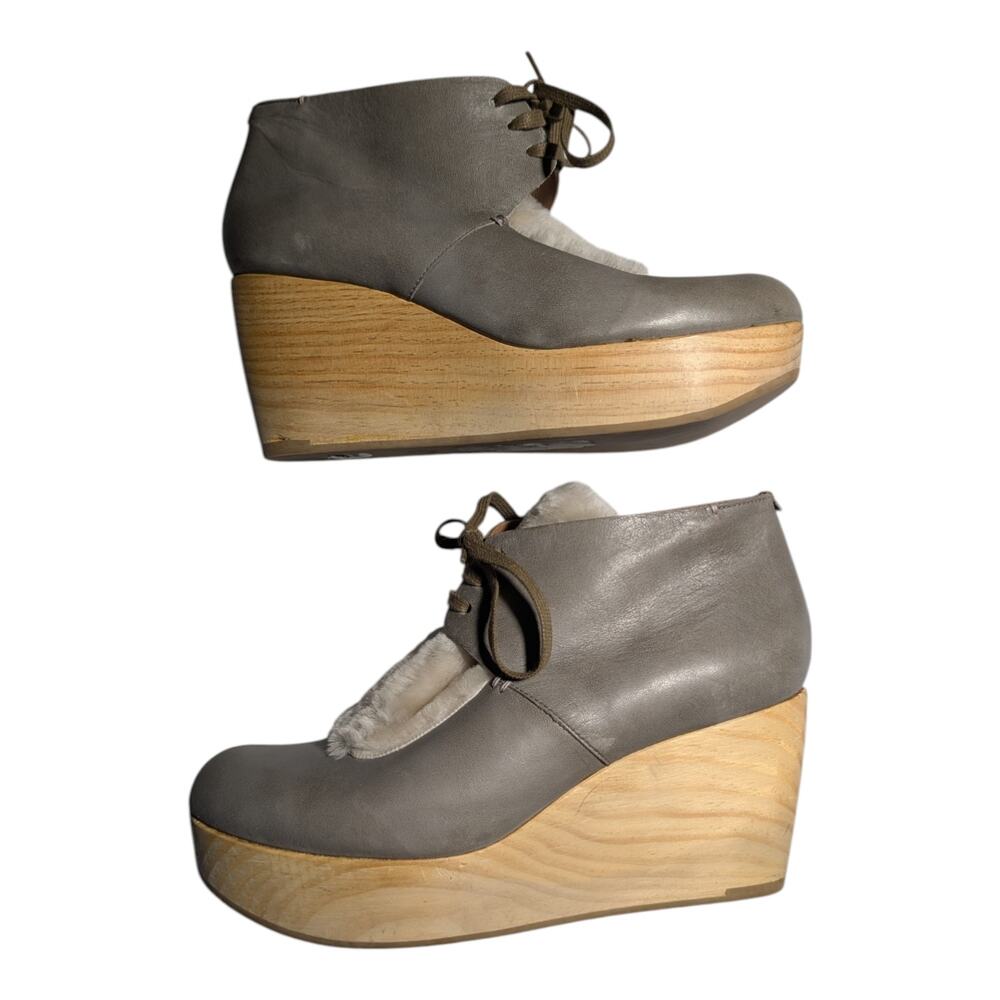 Coclico Gray Leather Shearling Tongue Platform Wedge Chukka Ankle Boots 39 8.5